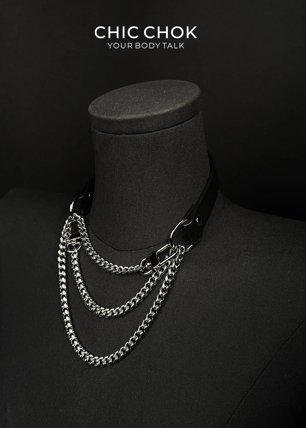 CHICCHOK [Breathless] Fashion Black with Thick Chains, Movable Pulling Chain Daily Wear Leather Necklace Choker versatile wear(Removable chain) - CHICCHOK