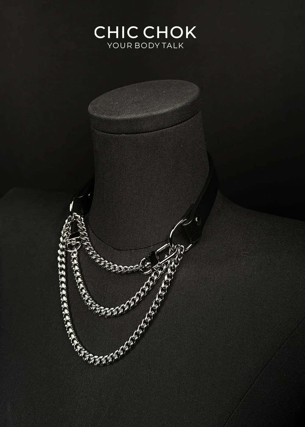 CHICCHOK [Breathless] Fashion Black with Thick Chains, Movable Pulling Chain Daily Wear Leather Necklace Choker versatile wear(Removable chain) - CHICCHOK