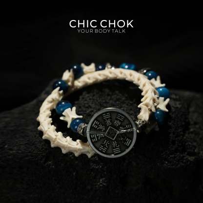 Obsidian Copper Coin Snake Bone Beaded Bracelet - CHICCHOK