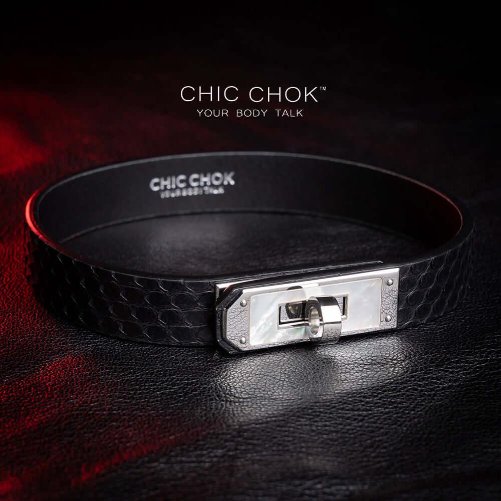 CHICCHOK [Black Pearl] - Black Python White Seashell Front Closure Non-adjustable Fashion Choker - CHICCHOK
