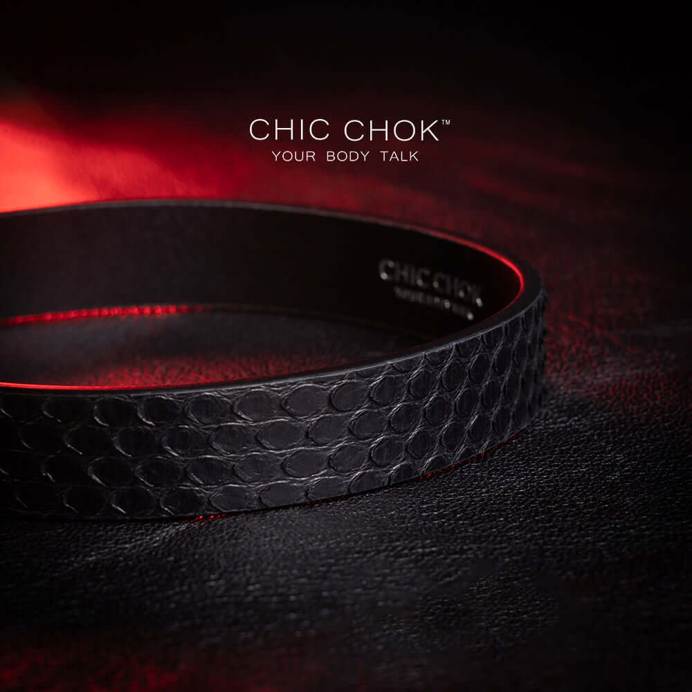 chicchok, black collar, white lock, python leather details for a luxurious style.