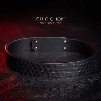 chicchok, black collar, white lock, python leather details for a luxurious style.