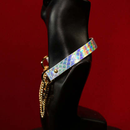 chicchok breathless choker featuring a white textured design with iridescent scales that reflect vibrant rainbow colors