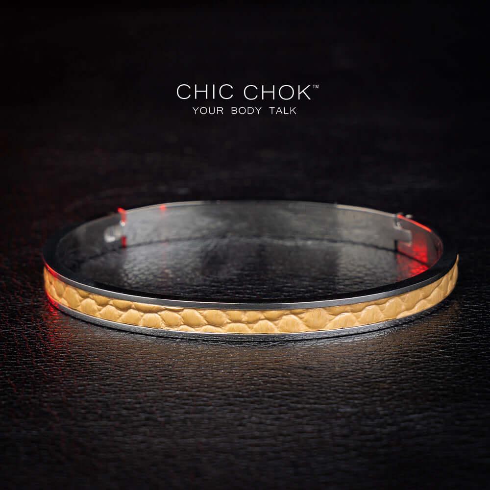 Chicchok Drouth - Metallic Bracelet Golden Leather Inlay Stainless Steel Bracelet Modern Sophisticated Design - CHICCHOK