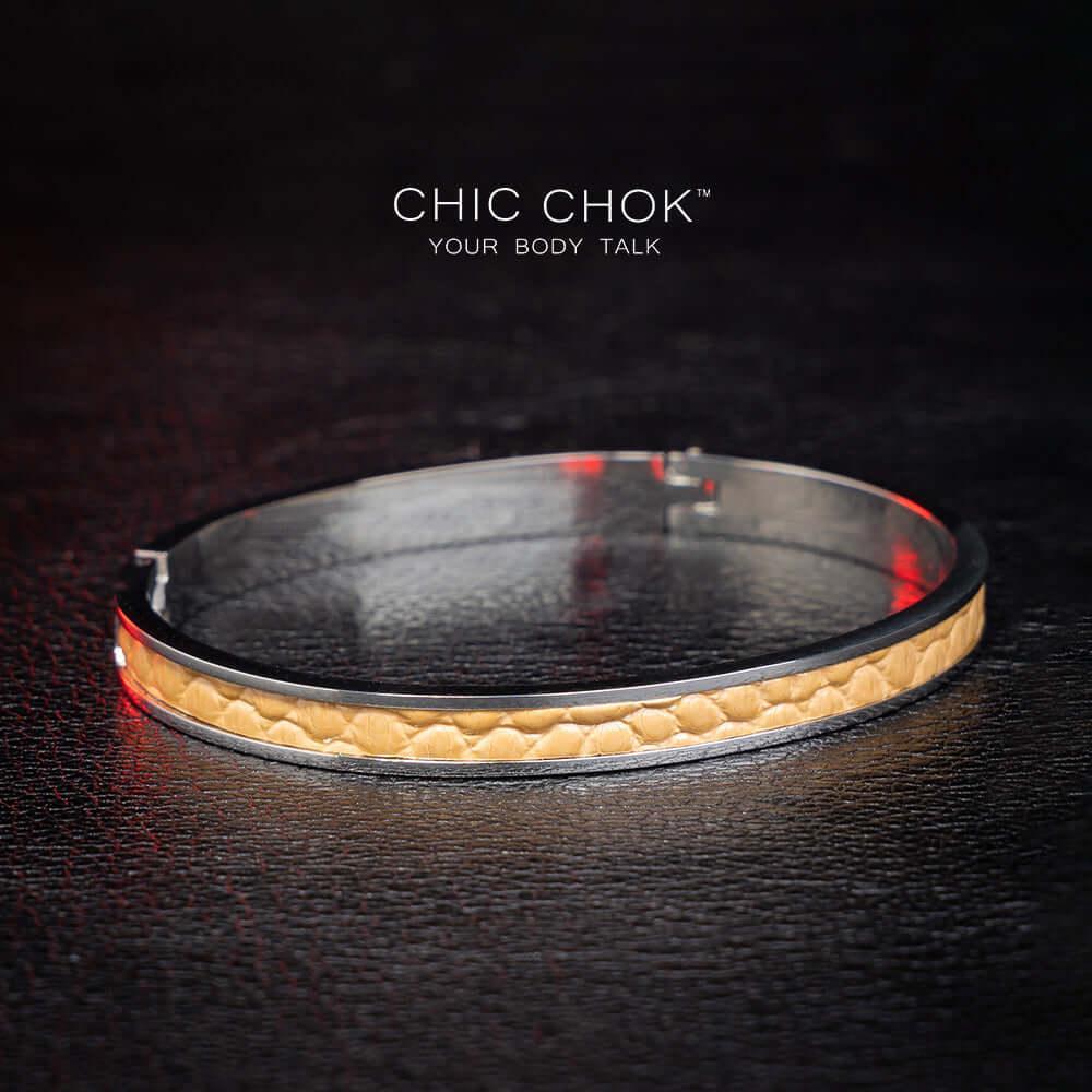 Chicchok Drouth - Metallic Bracelet Golden Leather Inlay Stainless Steel Bracelet Modern Sophisticated Design - CHICCHOK