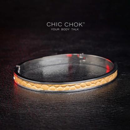 Chicchok Drouth - Metallic Bracelet Golden Leather Inlay Stainless Steel Bracelet Modern Sophisticated Design - CHICCHOK