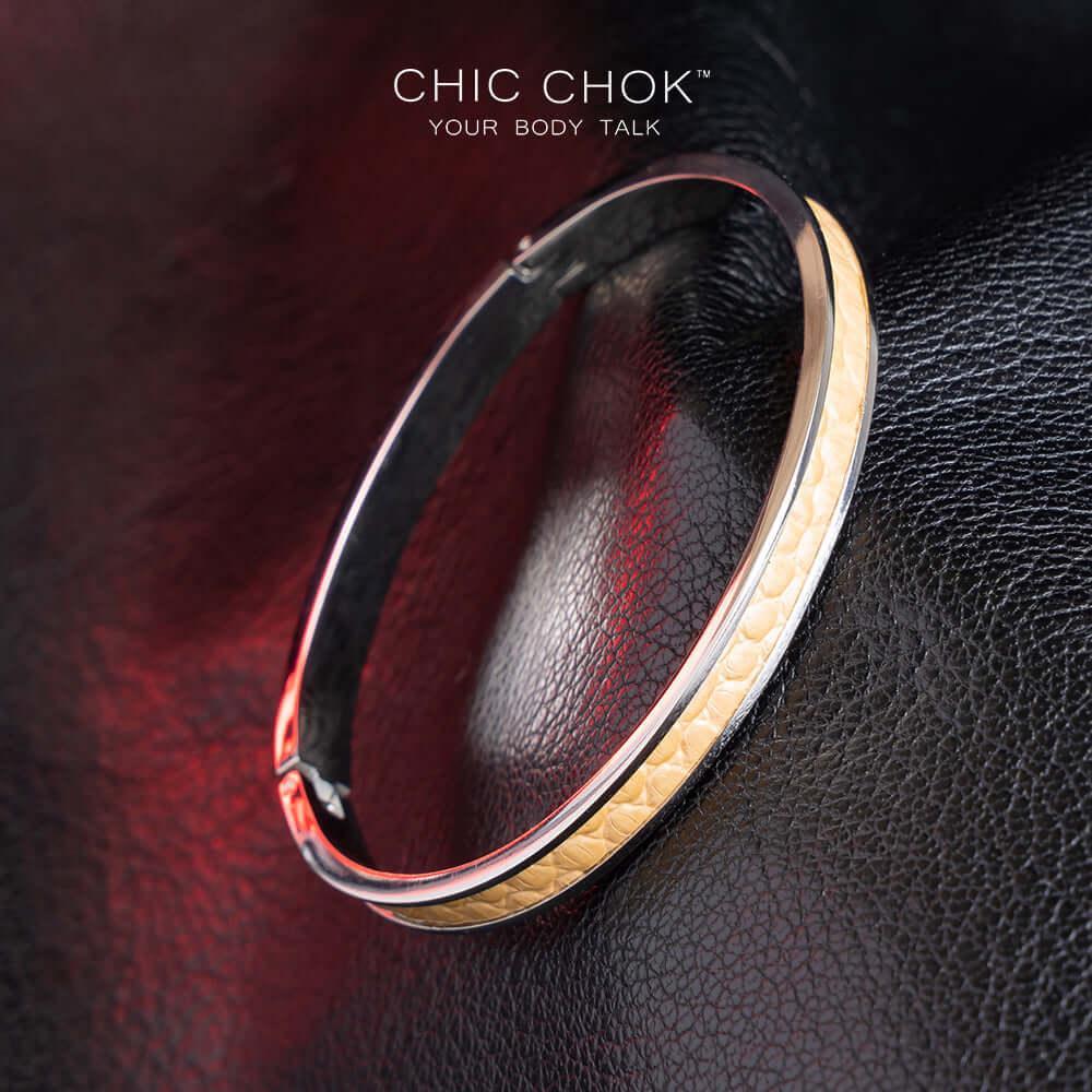 Chicchok Drouth - Metallic Bracelet Golden Leather Inlay Stainless Steel Bracelet Modern Sophisticated Design - CHICCHOK