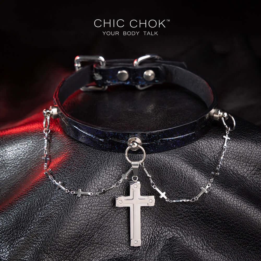 CHICCHOK [Morticia] - Shimmering Alligator Goth Cross Style Fashion Adjustable Choker - CHICCHOK