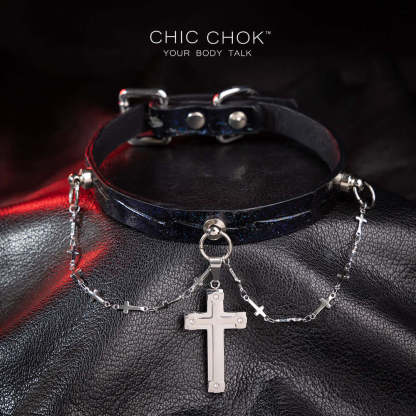 chicchok black leather collar, silver cross pendant, mysterious vintage style