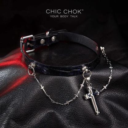 CHICCHOK [Morticia] - Shimmering Alligator Goth Cross Style Fashion Adjustable Choker - CHICCHOK