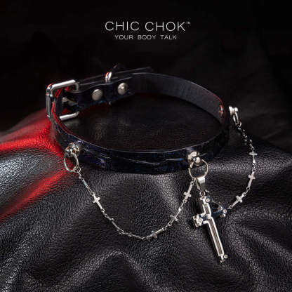 chicchok black leather collar, silver cross pendant, mysterious vintage style