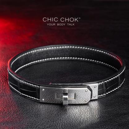 chicchok North American Alligator Collar Black crocodile leather with white knitted thread, hand-knitted to create a striking black and white combination