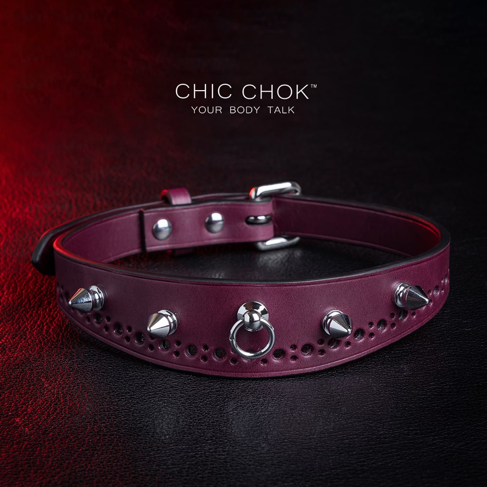 chicchok "Stay with Me" Collar Burgundy leather spiked choker with polished silver spikes,   gothic fashion