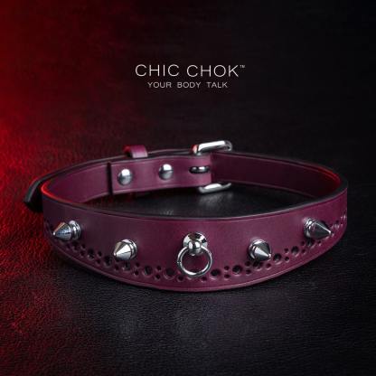 chicchok "Stay with Me" Collar Burgundy leather spiked choker with polished silver spikes,   gothic fashion