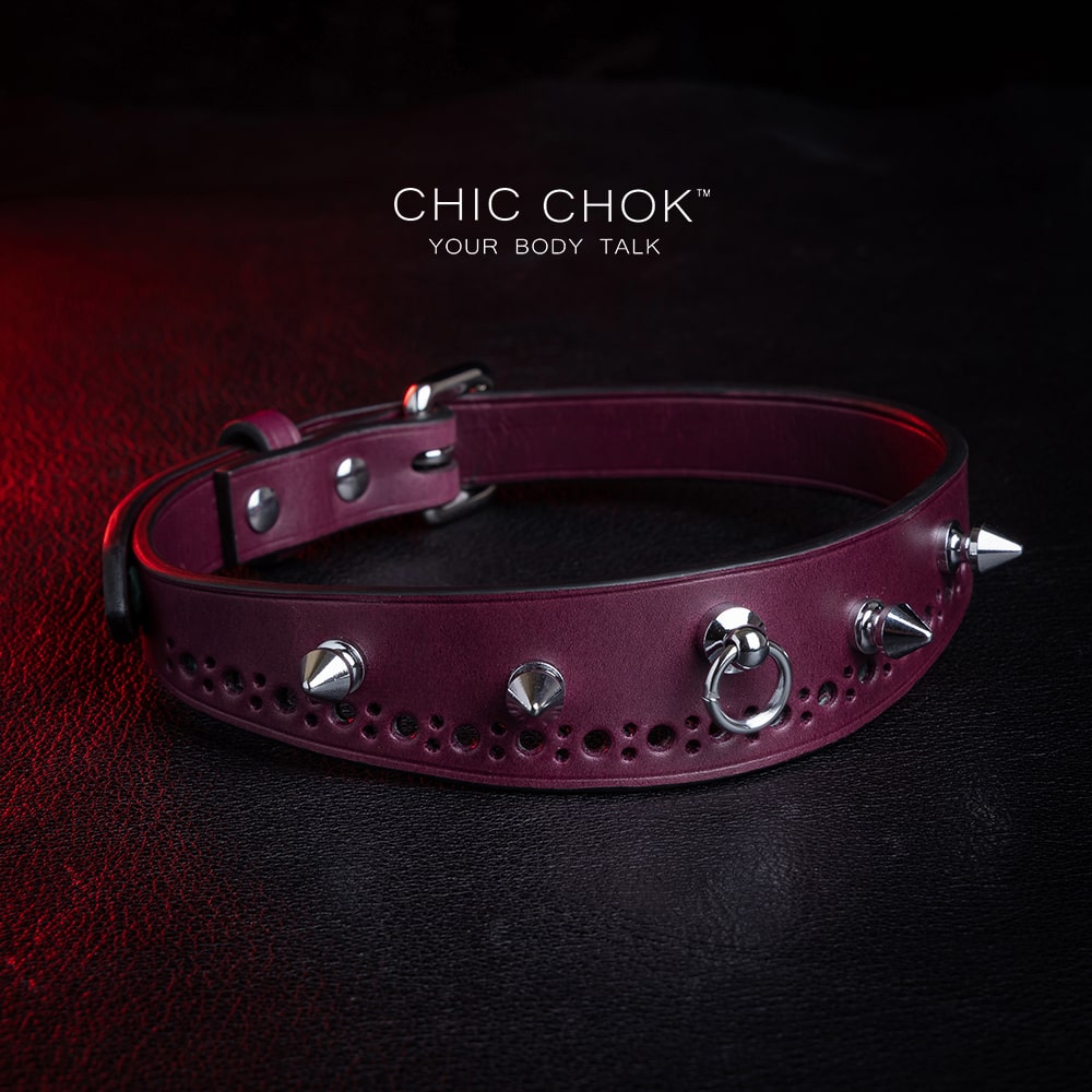 chicchok "Stay with Me" Collar Burgundy leather spiked choker with polished silver spikes,   gothic fashion