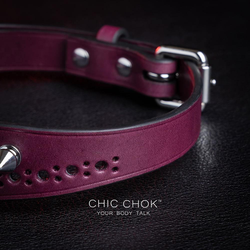 chicchok "Stay with Me" Collar Burgundy leather spiked choker with polished silver spikes,   gothic fashion
