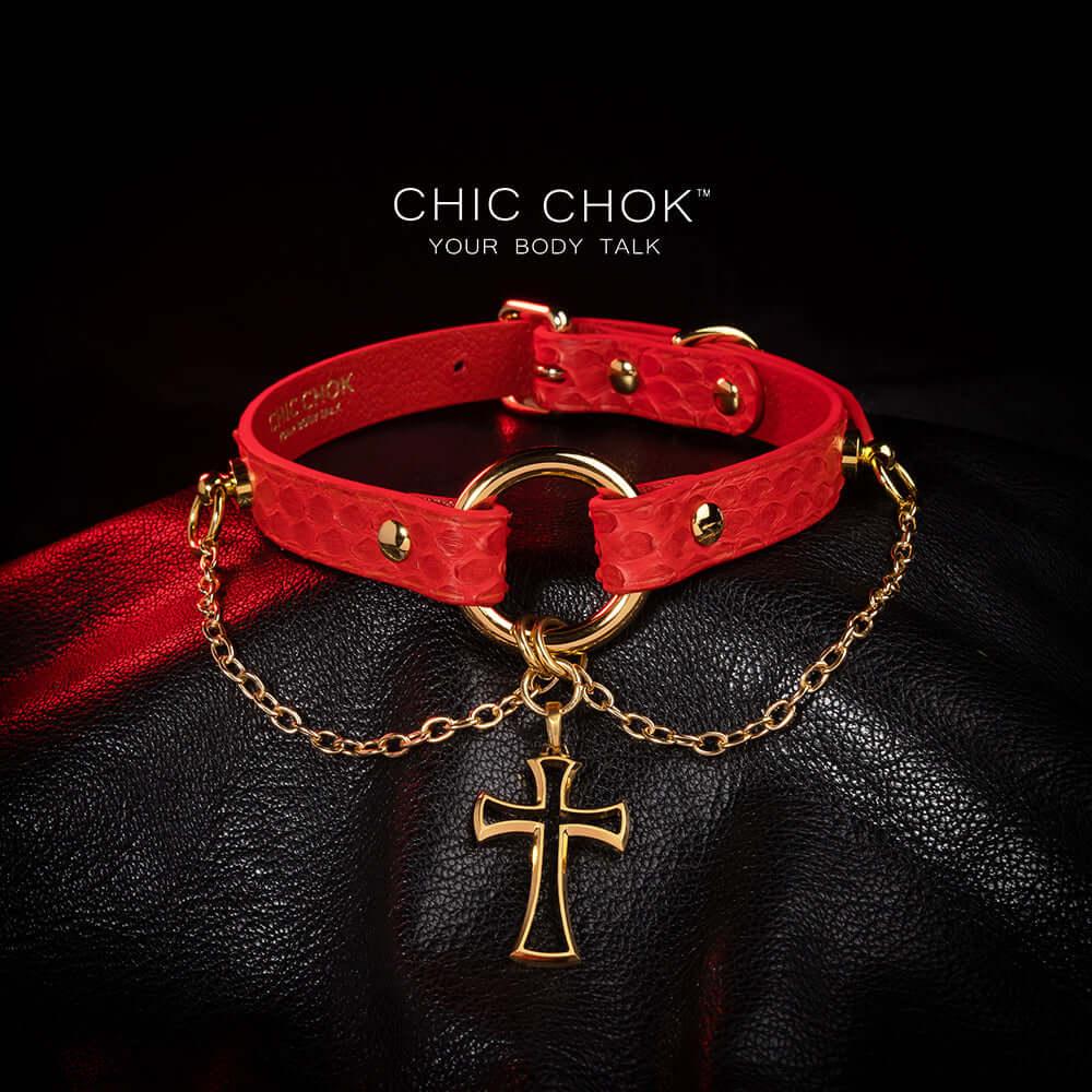 CHICCHOK [Temptation] - Hot Red Python Hide Cross and Chains Adjustable Fashion Choker - CHICCHOK