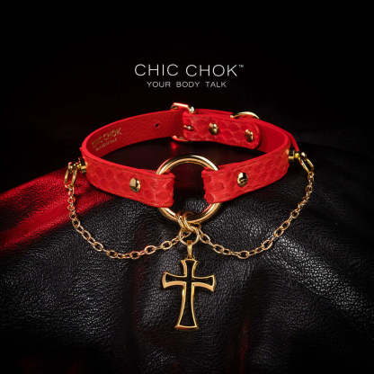 Flaming python leather, cross, handmade original design, choker