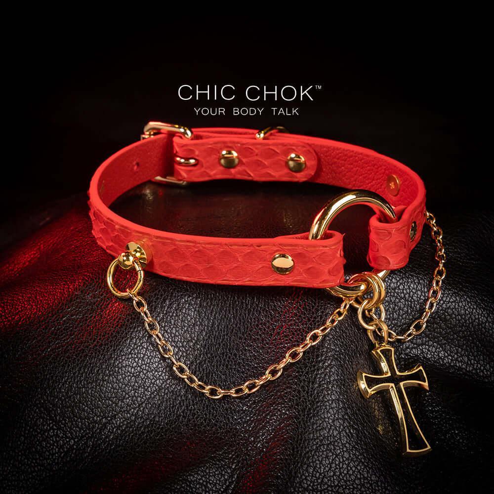 CHICCHOK [Temptation] - Hot Red Python Hide Cross and Chains Adjustable Fashion Choker - CHICCHOK
