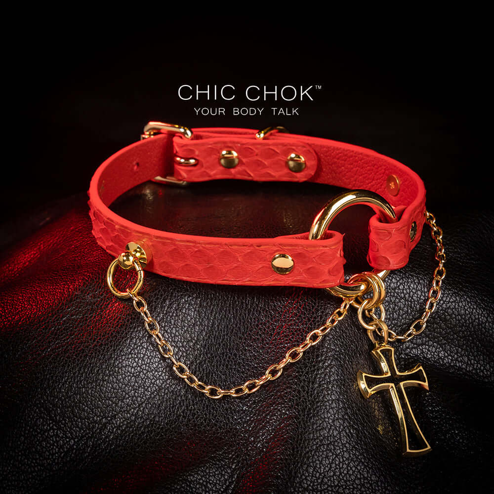 Flaming python leather, cross, handmade original design, choker