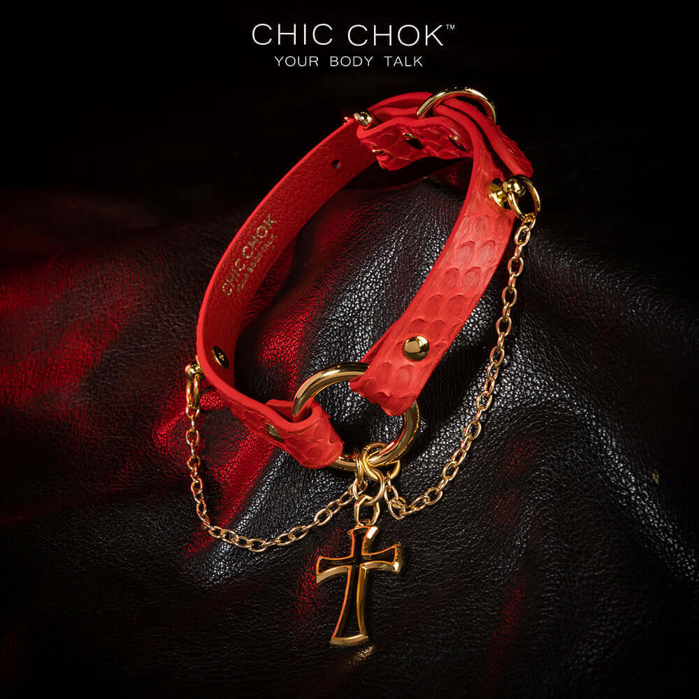 Flaming python leather, cross, handmade original design, choker