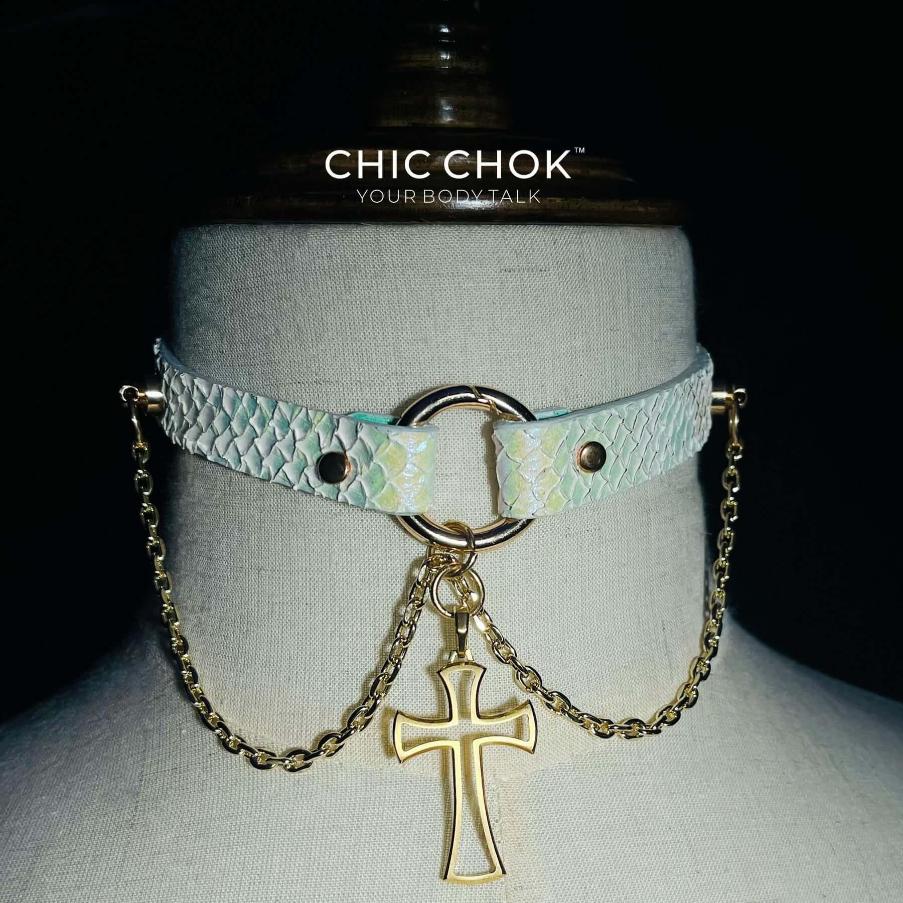 CHICCHOK [Teresa] - Shiny White Salmon Hide Cross and Chains Adjustable Fashion Choker - CHICCHOK