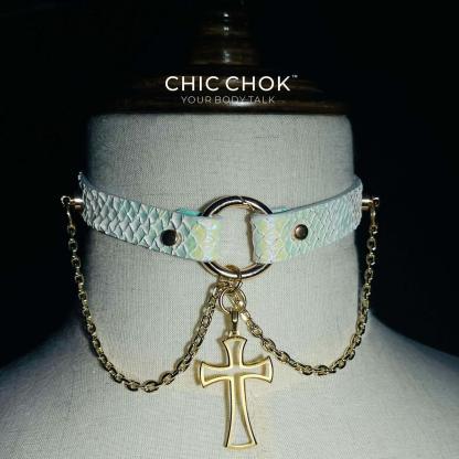 CHICCHOK [Teresa] - Shiny White Salmon Hide Cross and Chains Adjustable Fashion Choker - CHICCHOK