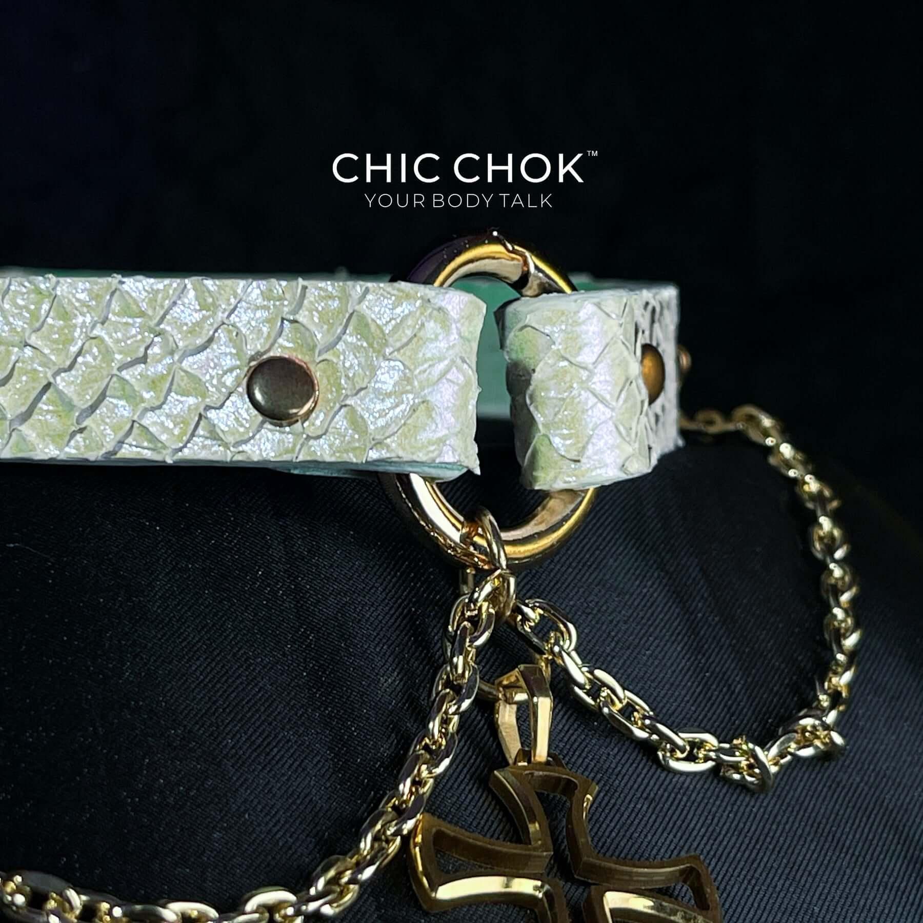 CHICCHOK [Teresa] - Shiny White Salmon Hide Cross and Chains Adjustable Fashion Choker - CHICCHOK