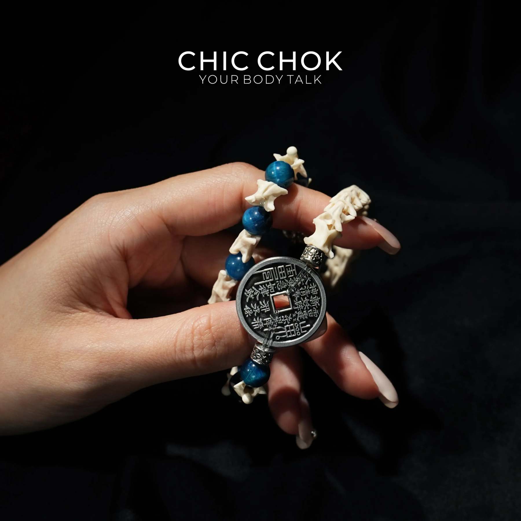 Obsidian Copper Coin Snake Bone Beaded Bracelet - CHICCHOK