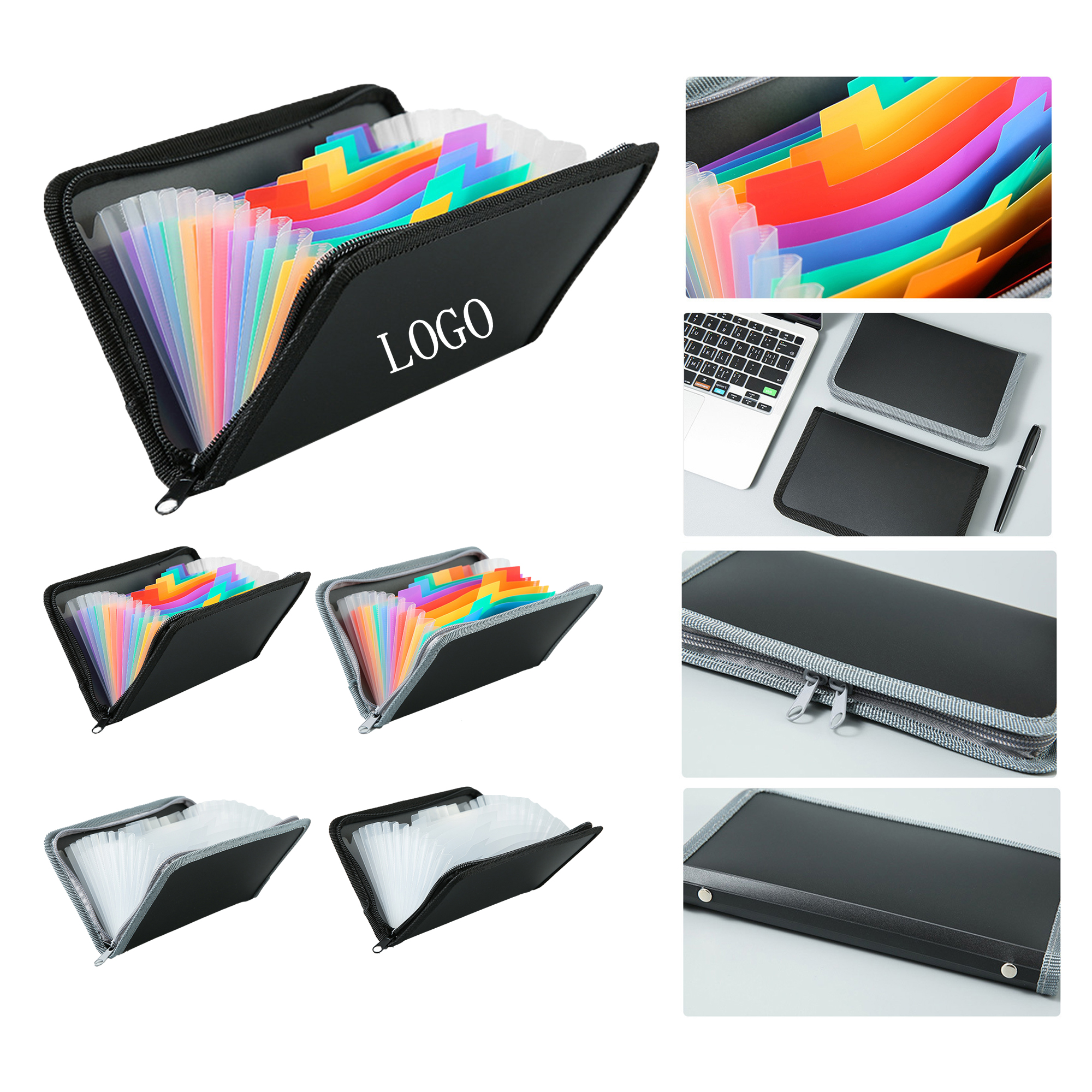 Cross-border zipper bill bag rainbow accordion bag A6 mini 13-grid bill business card storage book pp portable (5.1" x 0.8" x 8.3")