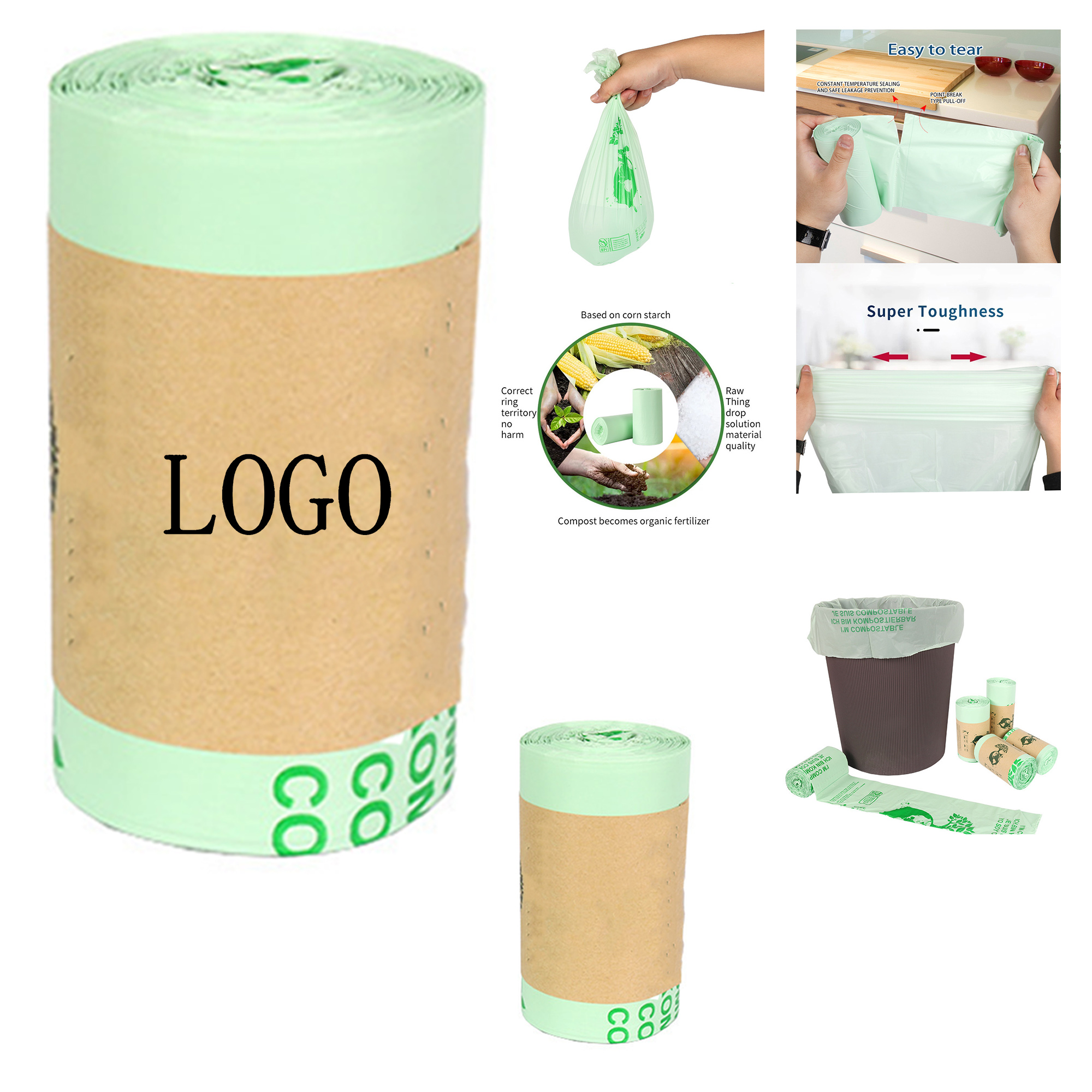 Biodegradable flat garbage bag PLA corn starch thickened breakpoint easy to tear garbage bag 