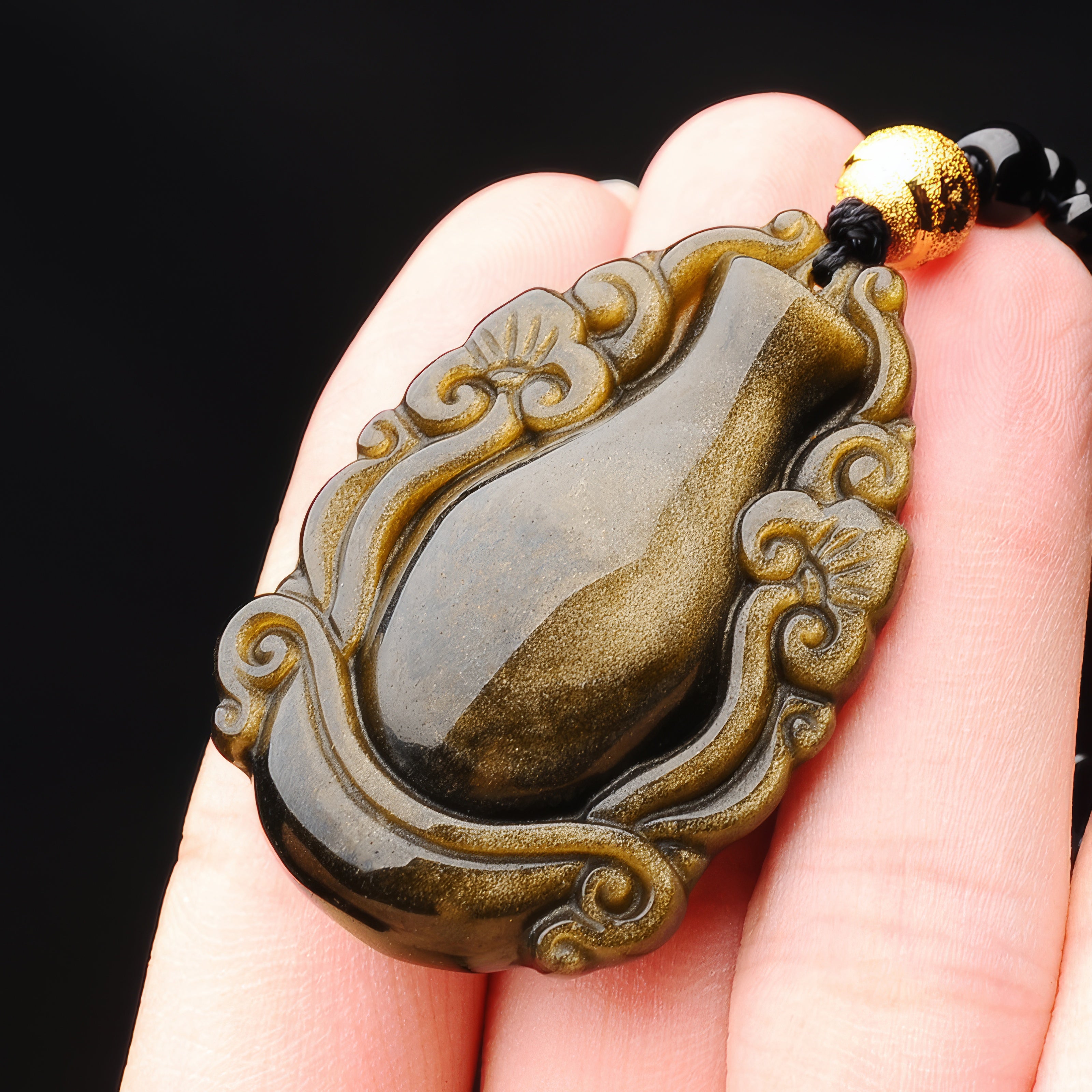 Gold Obsidian Ruyi Bottle Pendant