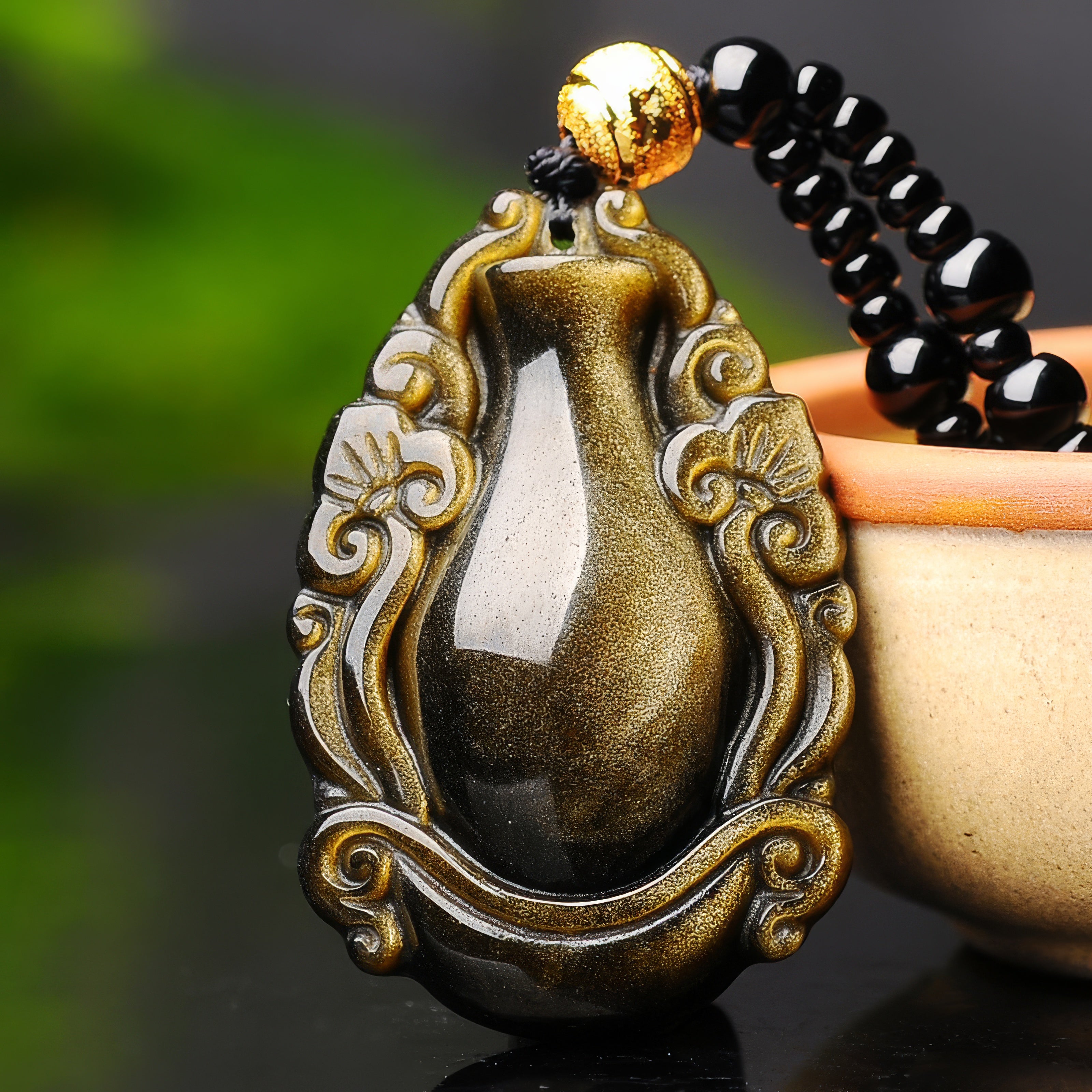 Gold Obsidian Ruyi Bottle Pendant