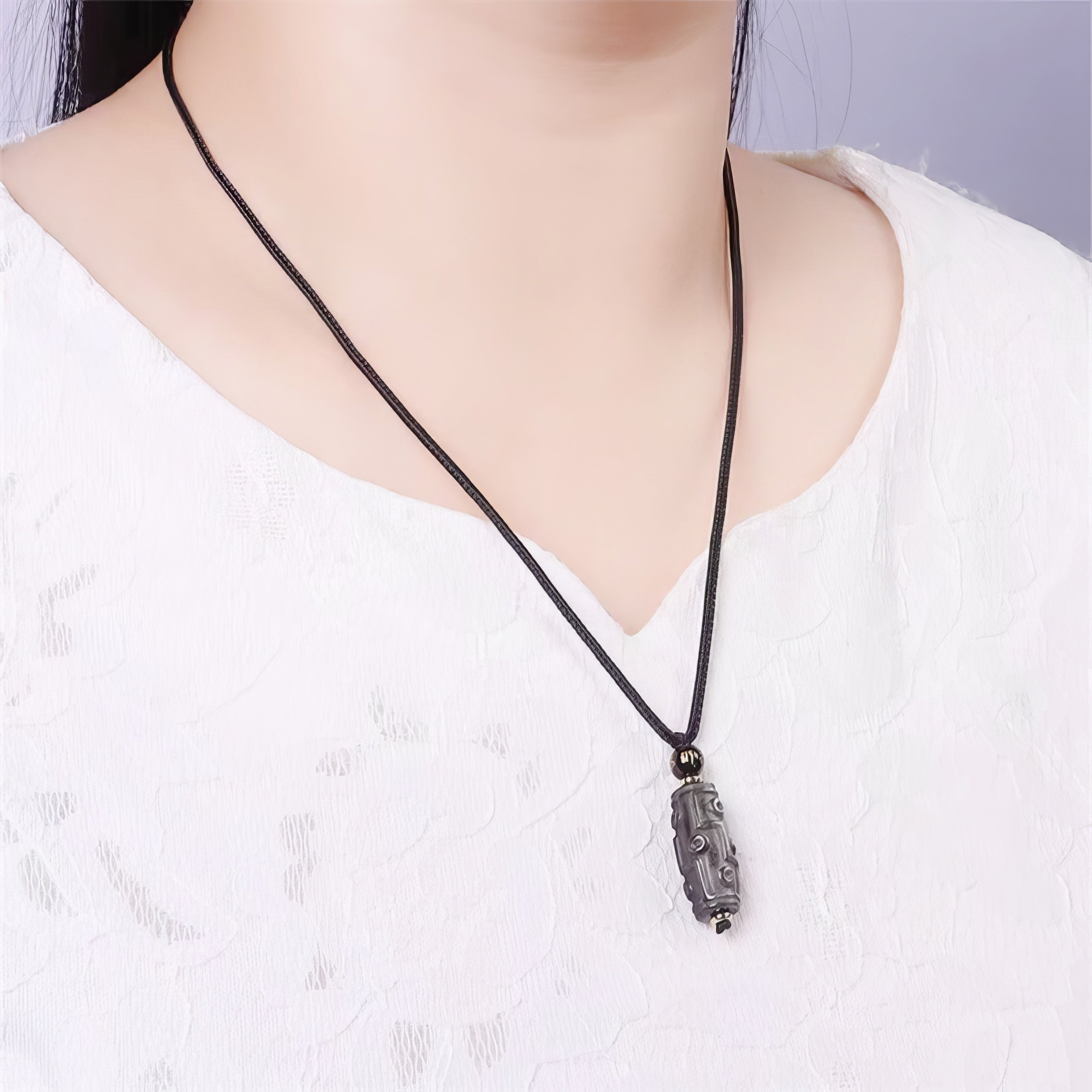 Silver Obsidian Nine Eyes Dzi Bead Pendant
