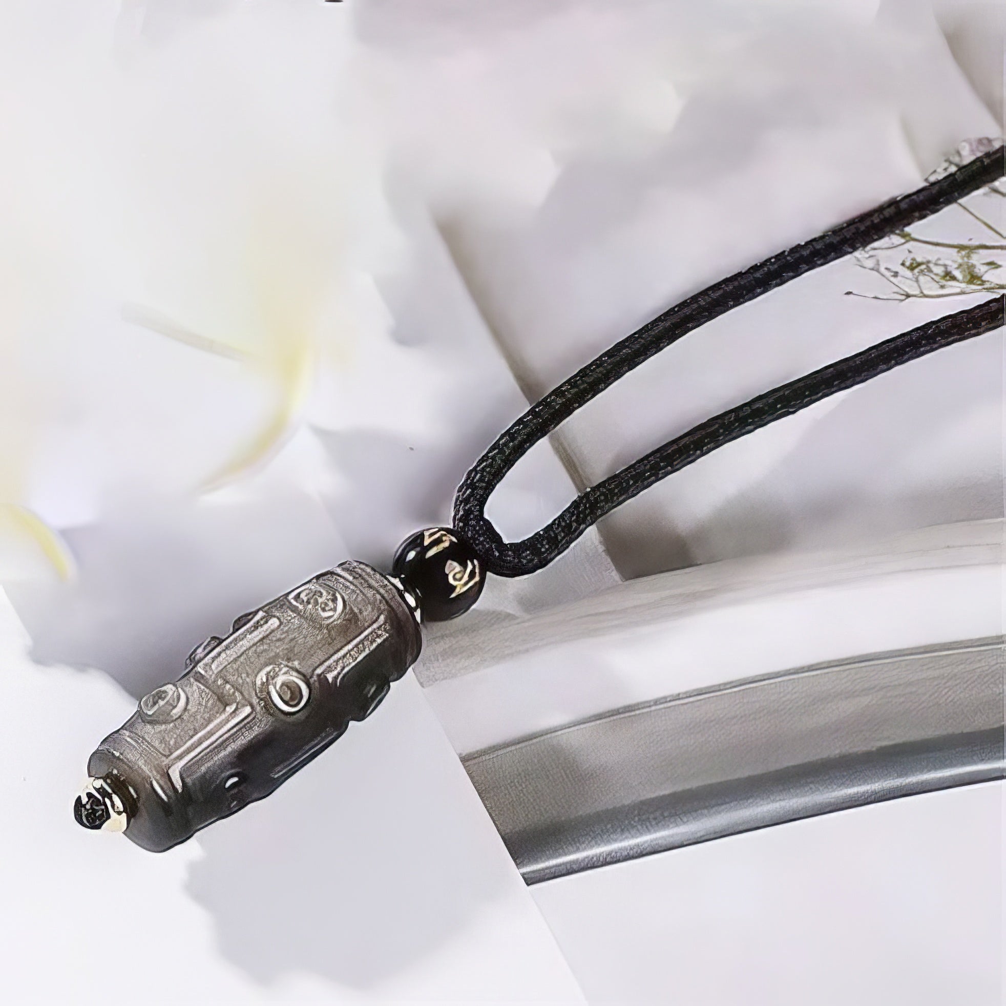 Silver Obsidian Nine Eyes Dzi Bead Pendant