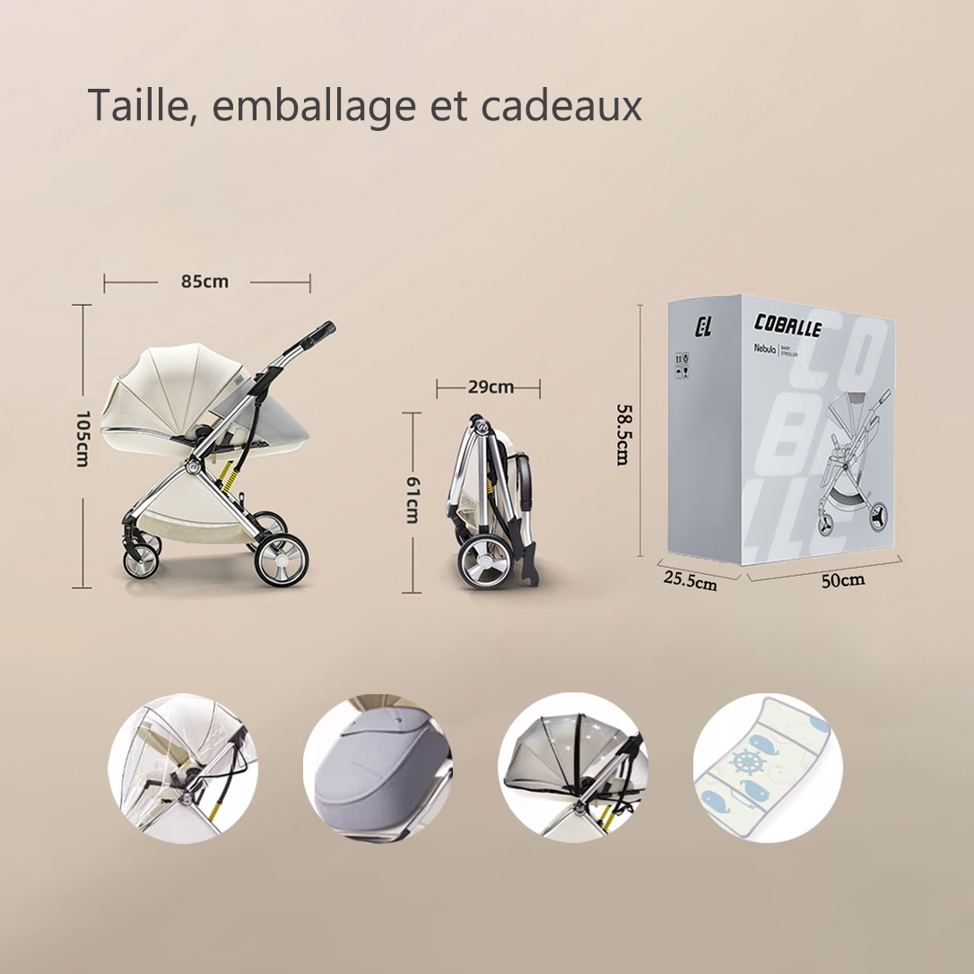 Poussette Élégante Coballe Pro : Ombre Totale + Roues Amortisseurs – Châssis Alu Aéro pour Confort Optimal