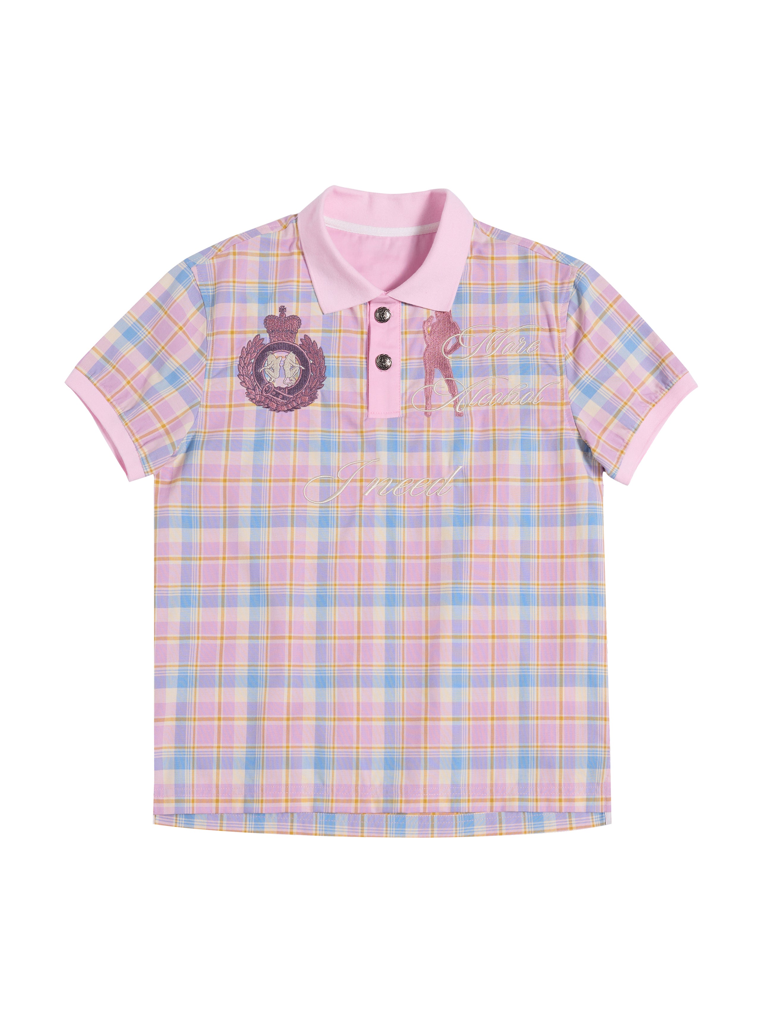 "Dance Floor High" Pink Plaid Embroidered Printed Polo Shirt