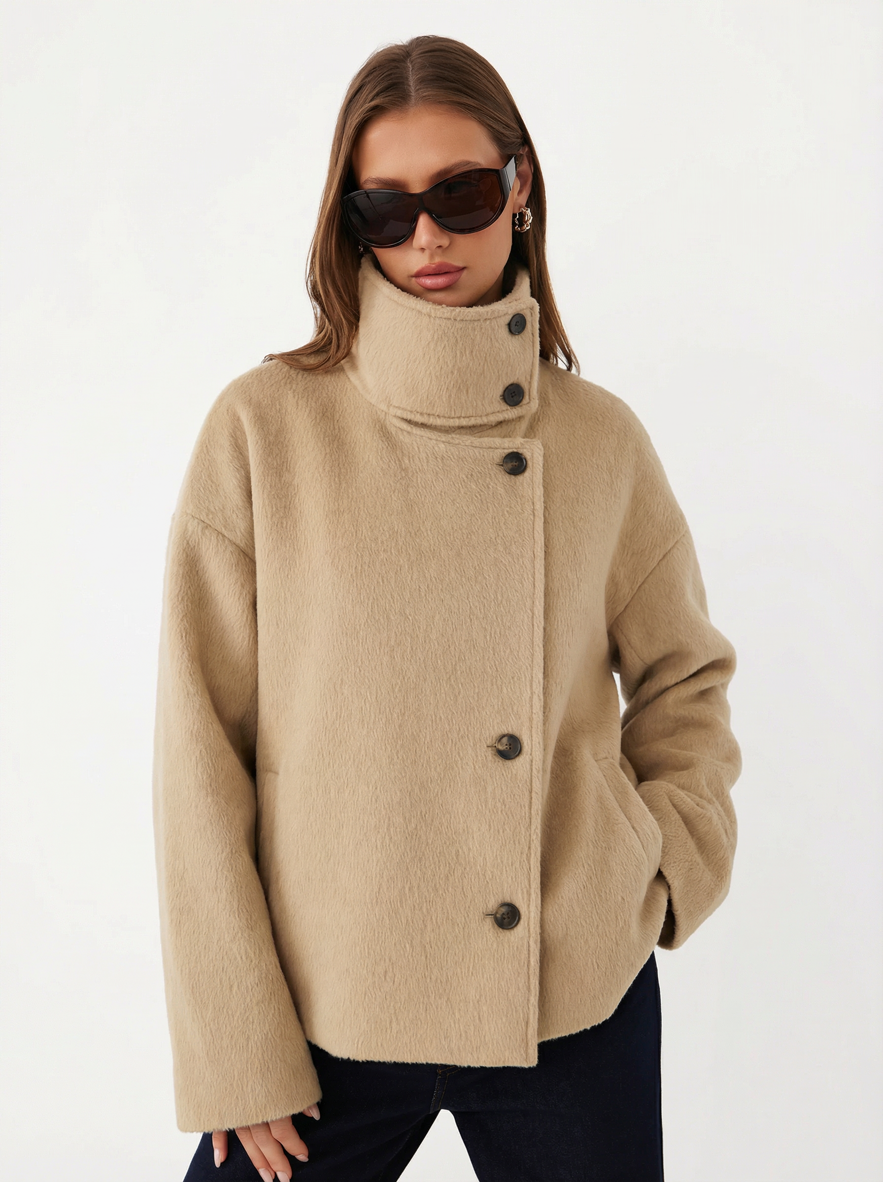 Wool-look Funnel Neck Long Sleeve Oversized Jacket