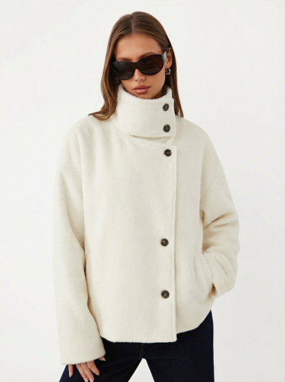 Wool-look Funnel Neck Long Sleeve Oversized Jacket
