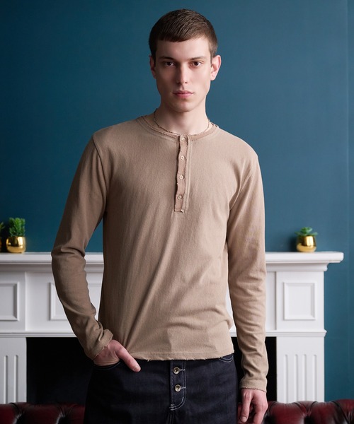 Distressed long-sleeve Henley shirt