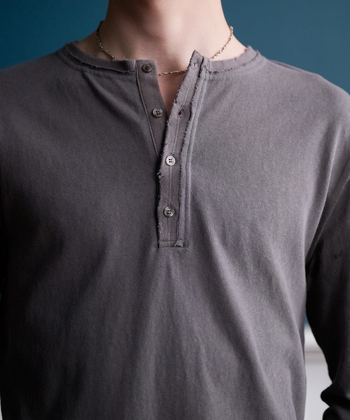 Distressed long-sleeve Henley shirt