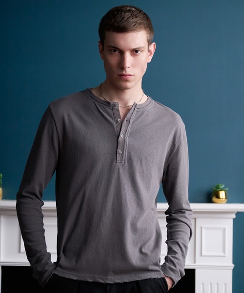Distressed long-sleeve Henley shirt