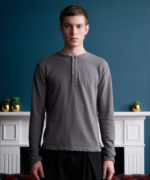 Distressed long-sleeve Henley shirt