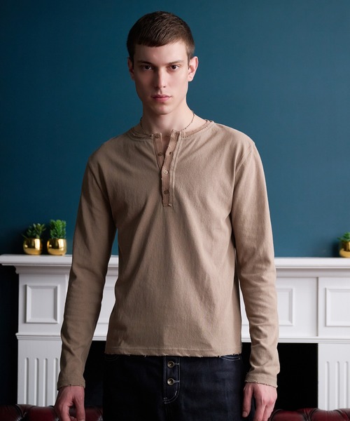 Distressed long-sleeve Henley shirt
