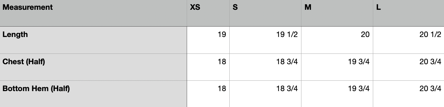 Americana Sweater Size Chart