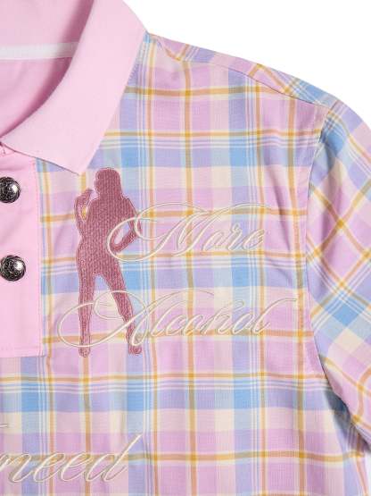"Dance Floor High" Pink Plaid Embroidered Printed Polo Shirt