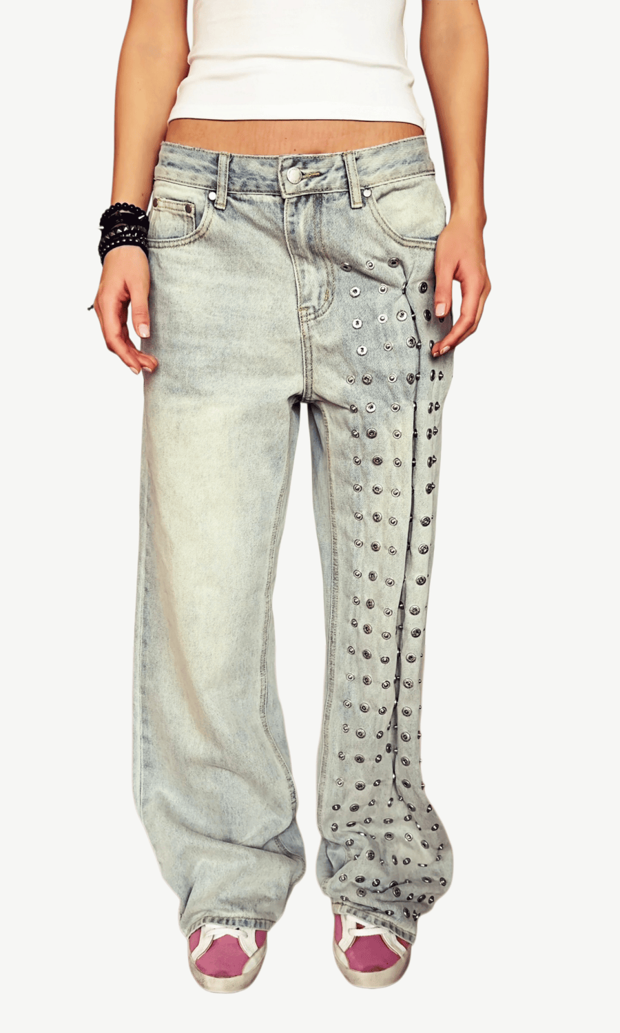 LIGHT WASH STUDDED WIDE-LEG DENIM