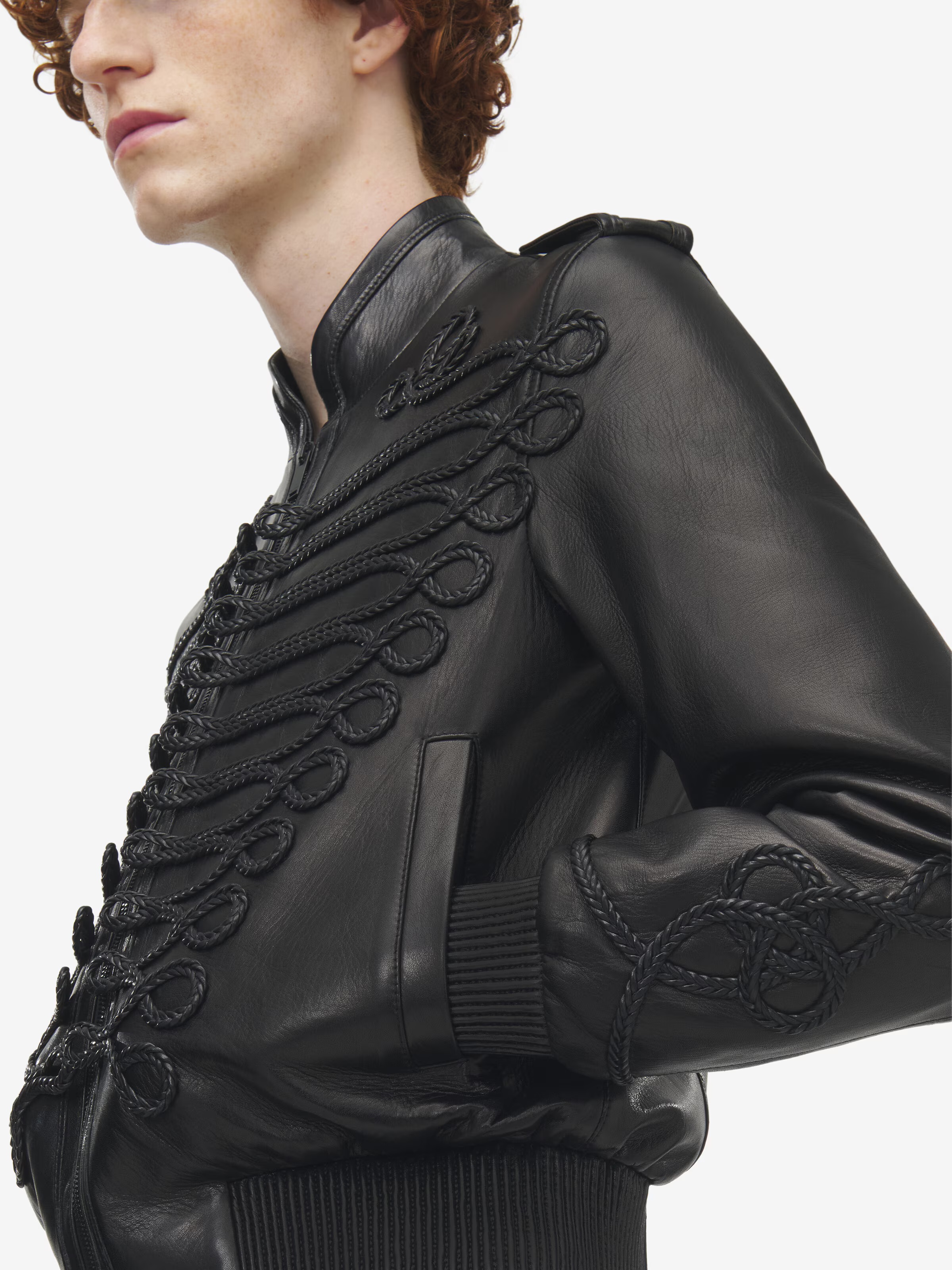 Men's Frogging Embroidery Leather Jacket in Black
