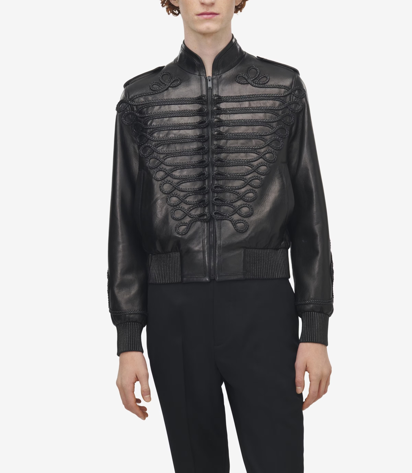 Men's Frogging Embroidery Leather Jacket in Black