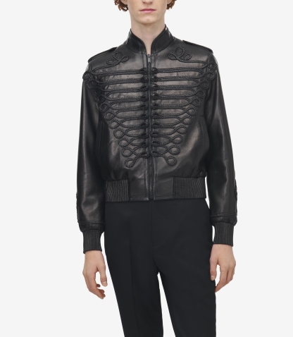 Men's Frogging Embroidery Leather Jacket in Black